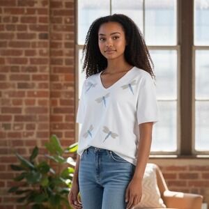 LIV Milano Women's White Embellished Dragonfly V Neck Knit Top Short‎ Sleeve #